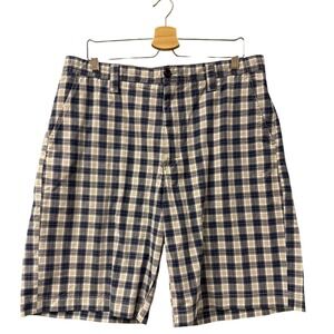IZOD Luxury Sport Plaid Shorts Mens Size 36 Blue white Flat Front‎ Pockets